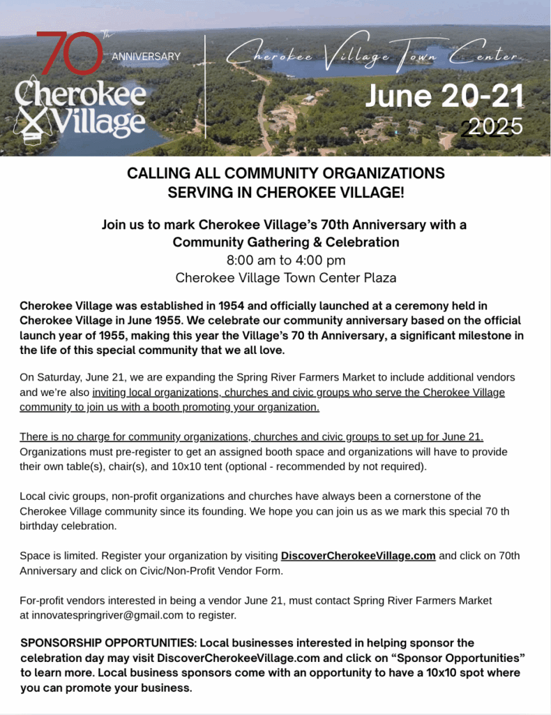 Cherokee Village 70th Anniversary celebration announcement, June 20-21.