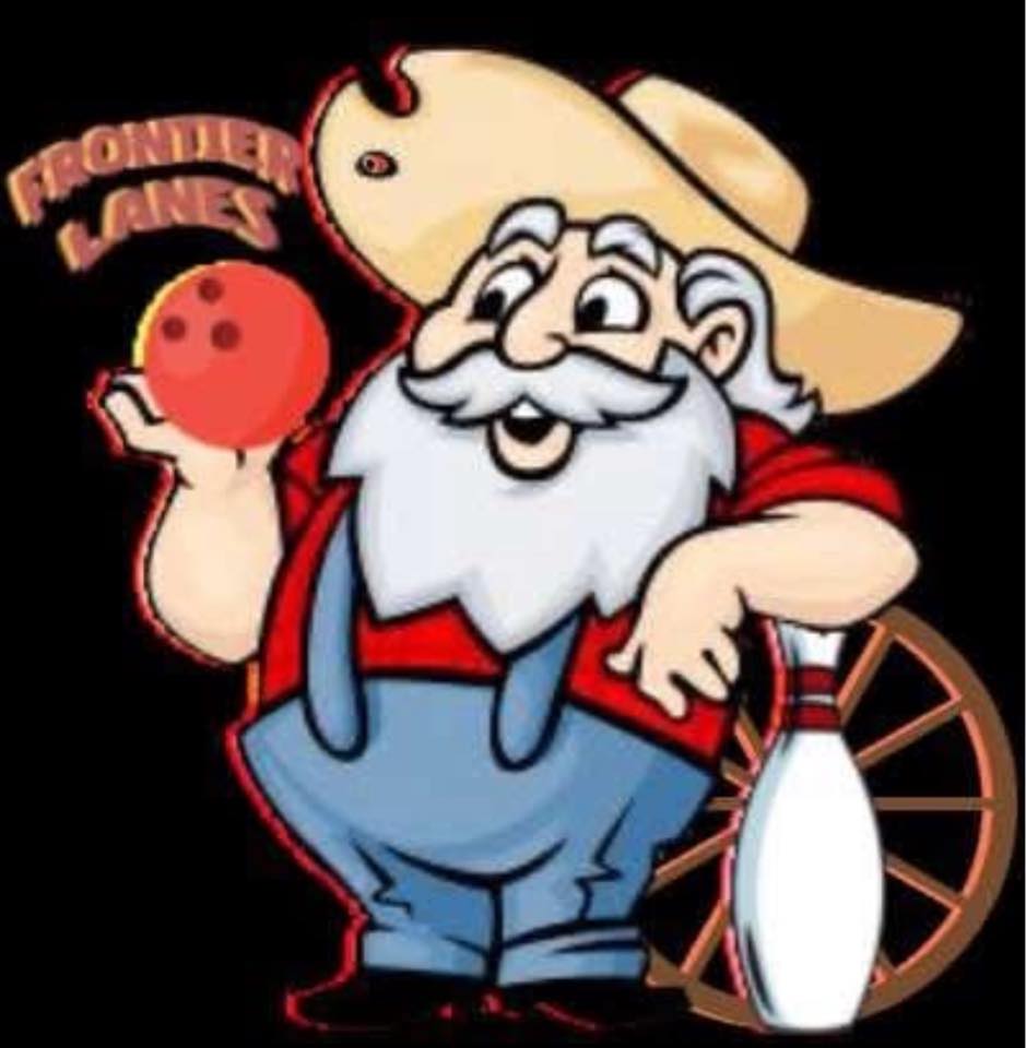 frontierlanes Cartoon cowboy holding bowling ball and pin.