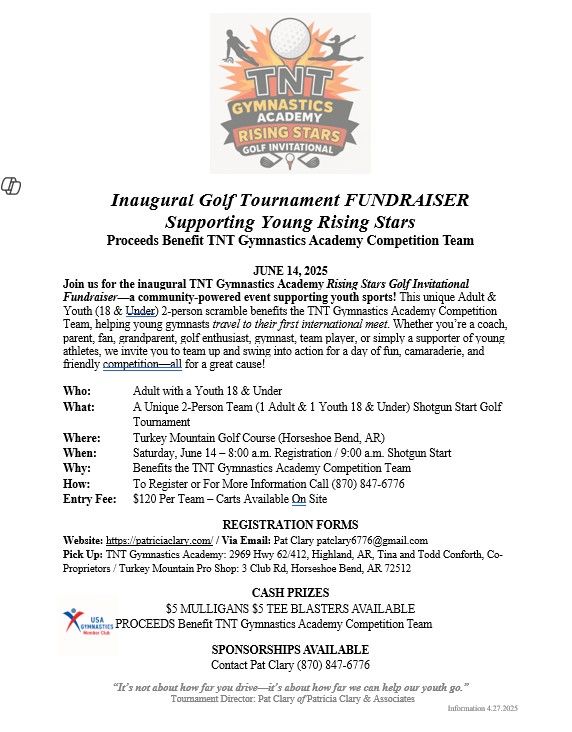TNT Gymnastics golf fundraiser flyer for 2025 event.