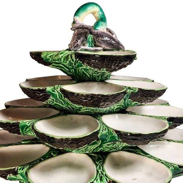 mossantiques Tiered ceramic oyster platter with fish motif.