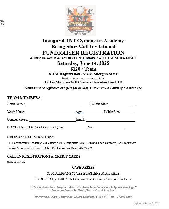 TNT Gymnastics Academy fundraiser golf event registration form.